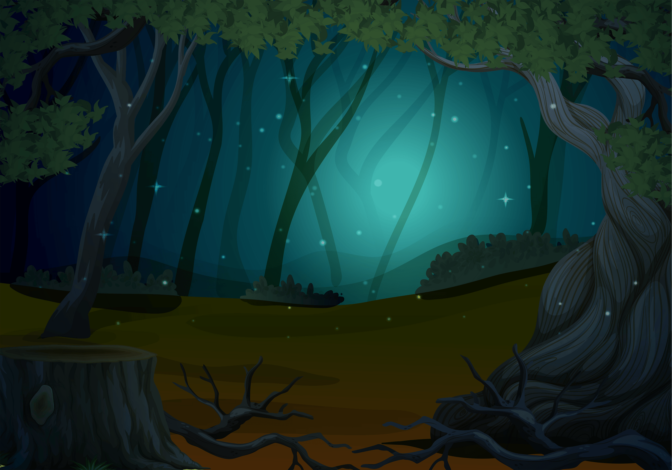 Scene with fireflies in forest at night